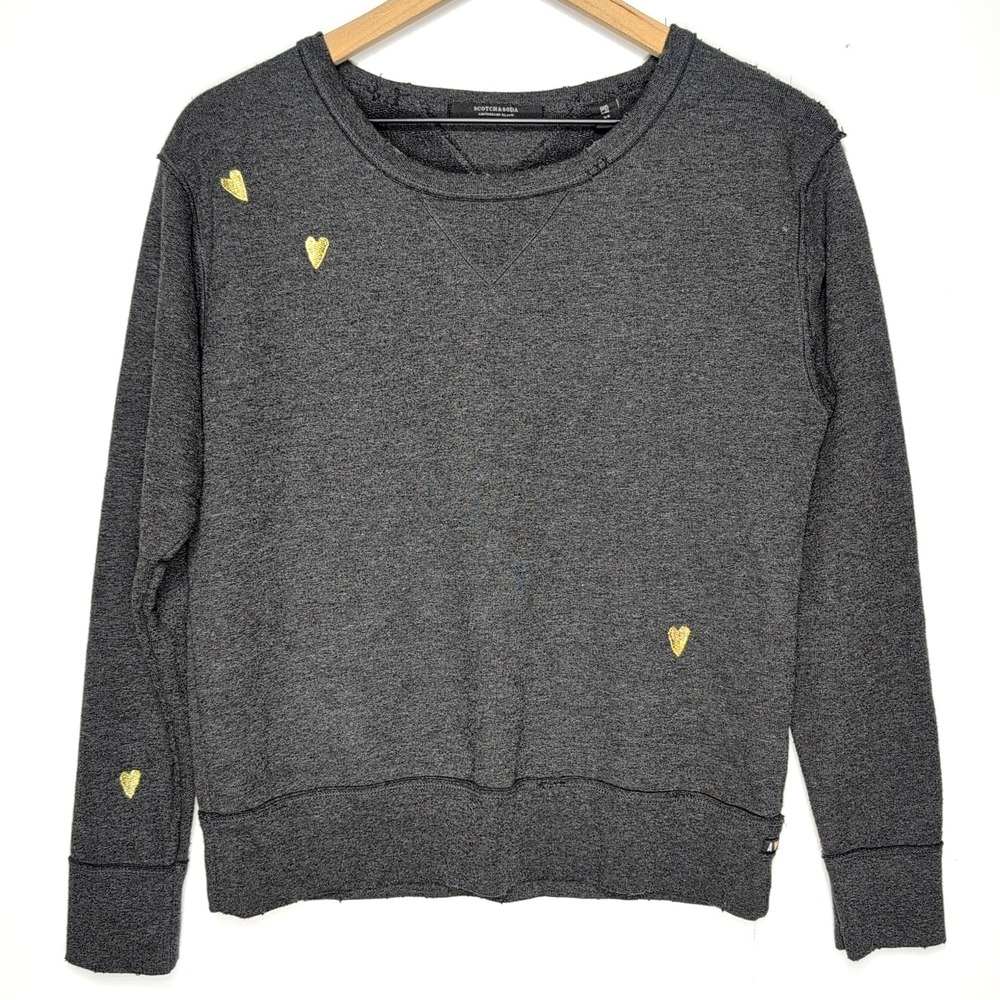 Scotch & Soda Gray Heart Sweatshirt Womens XS Crewneck Pullover Embroidered Cute